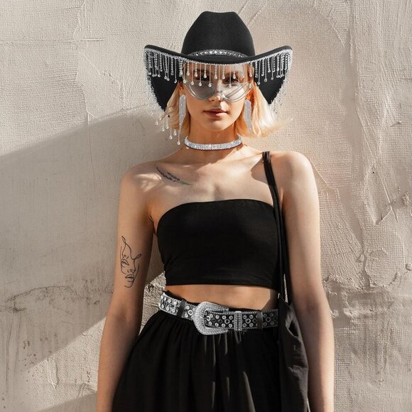 Cowgirl Hat Rhinestones Jewelry Set Western Party Accessory for Women
